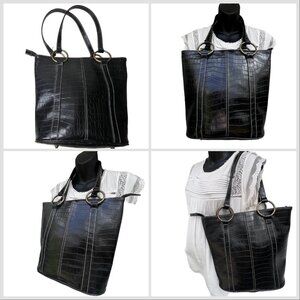 VTG Y2K Black Crocodile Effect Shoulder Bag Tote Double Handles Faux Leather